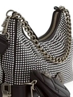 Black Rhinestone Studded Crossbody Bag with Metallic Accent